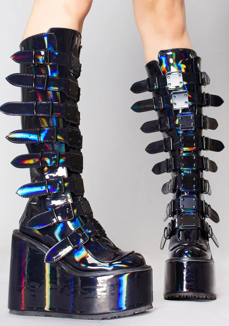 Demonia Lost Frequencies Black Holographic Platform Boots