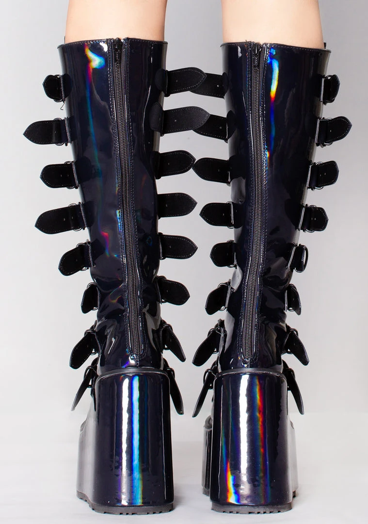 Demonia Lost Frequencies Black Holographic Platform Boots
