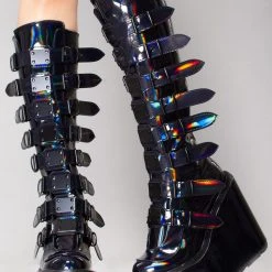 Demonia Lost Frequencies Black Holographic Platform Boots