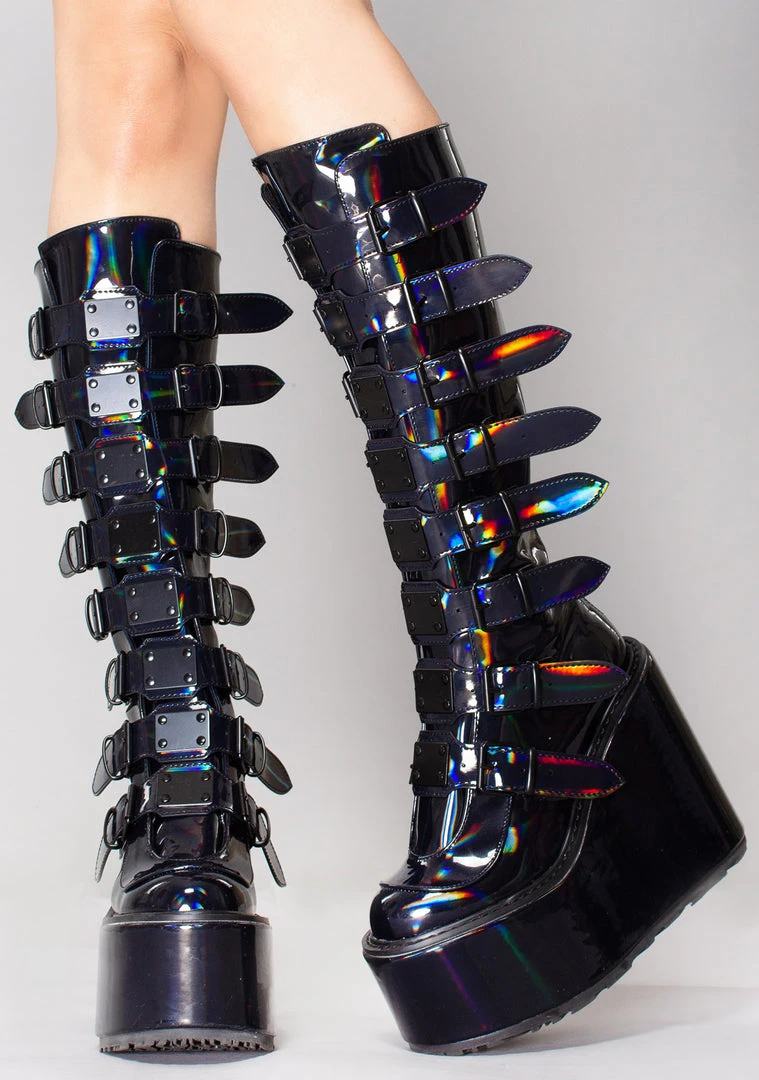 Demonia Lost Frequencies Black Holographic Platform Boots