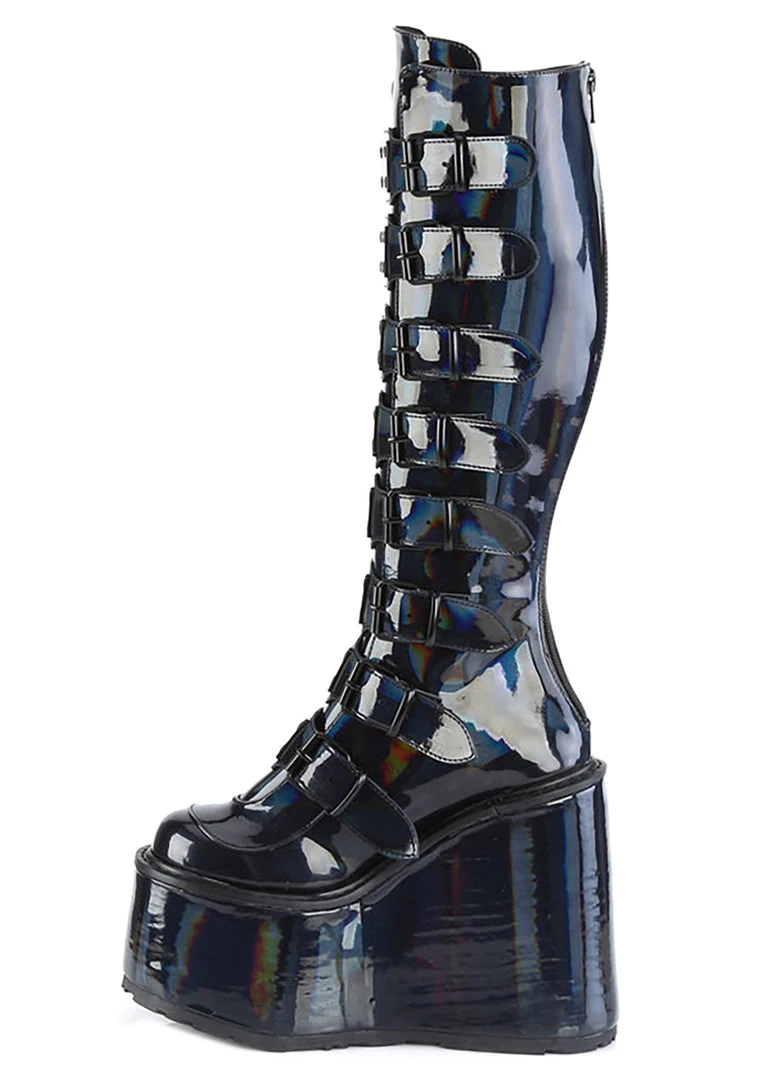 Demonia Lost Frequencies Black Holographic Platform Boots