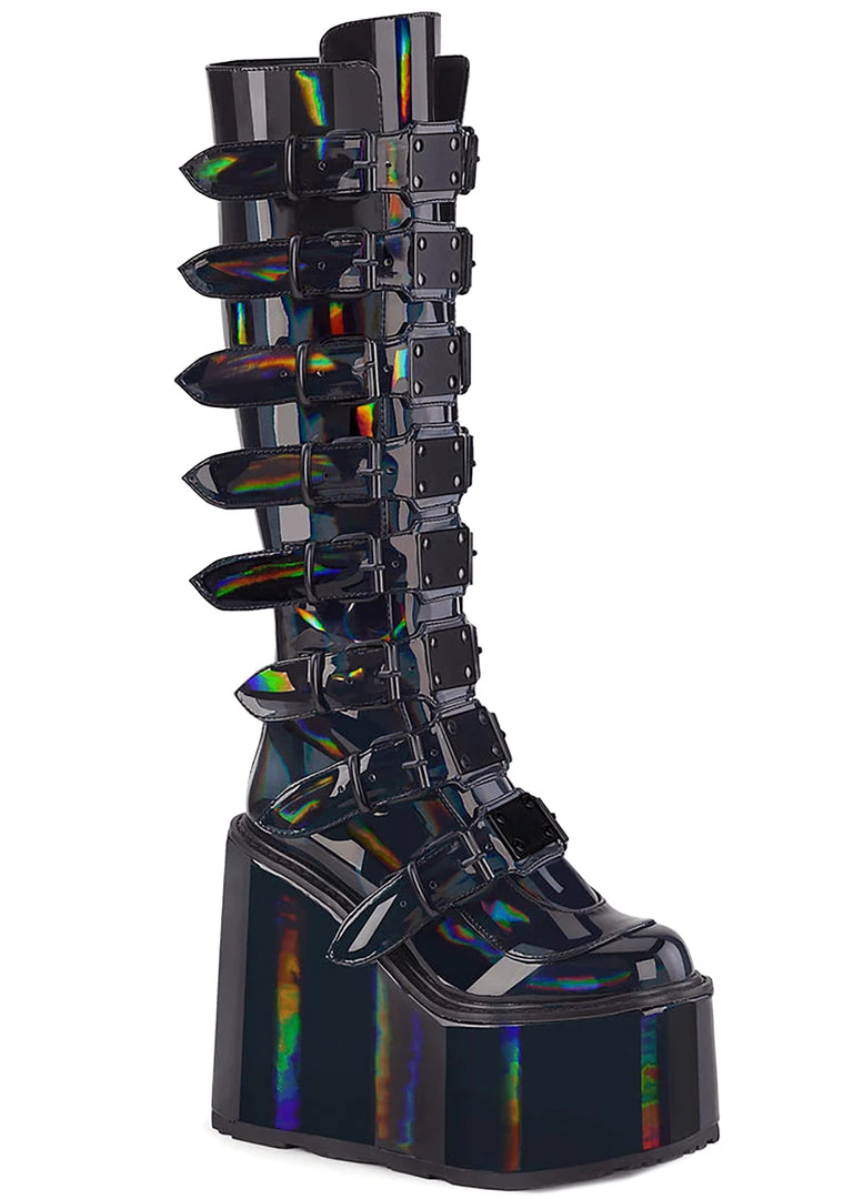 Demonia Lost Frequencies Black Holographic Platform Boots