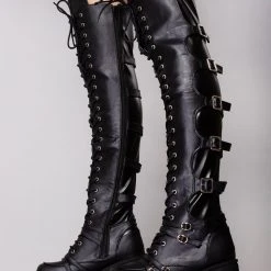 Demonia Shoes Black Widow Lace Up Knee High Platform Boots