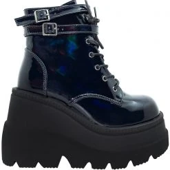 Demonia Shaker Hologram Platform Boots In Black Shoes