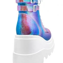 Demonia Shaker Metallic Iridescent Platform Boots In Pink Purple