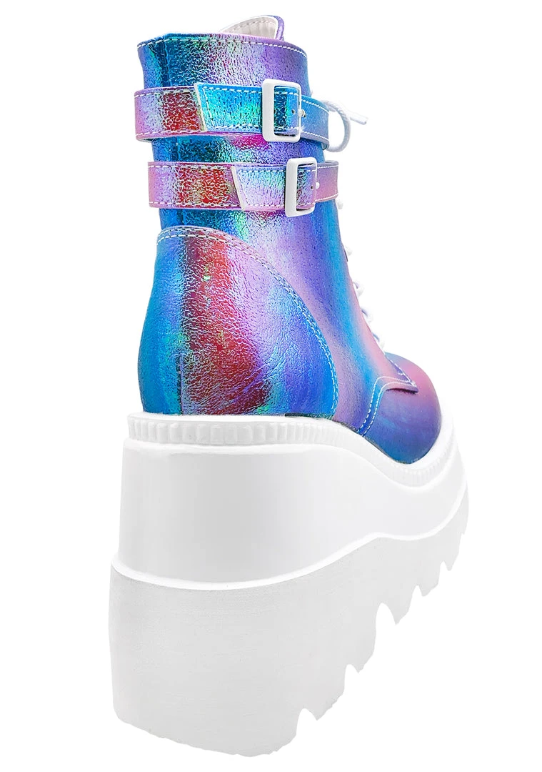 Demonia Shaker Metallic Iridescent Platform Boots In Pink Purple