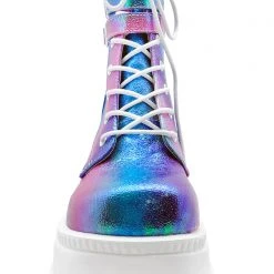 Demonia Shaker Metallic Iridescent Platform Boots In Pink Purple