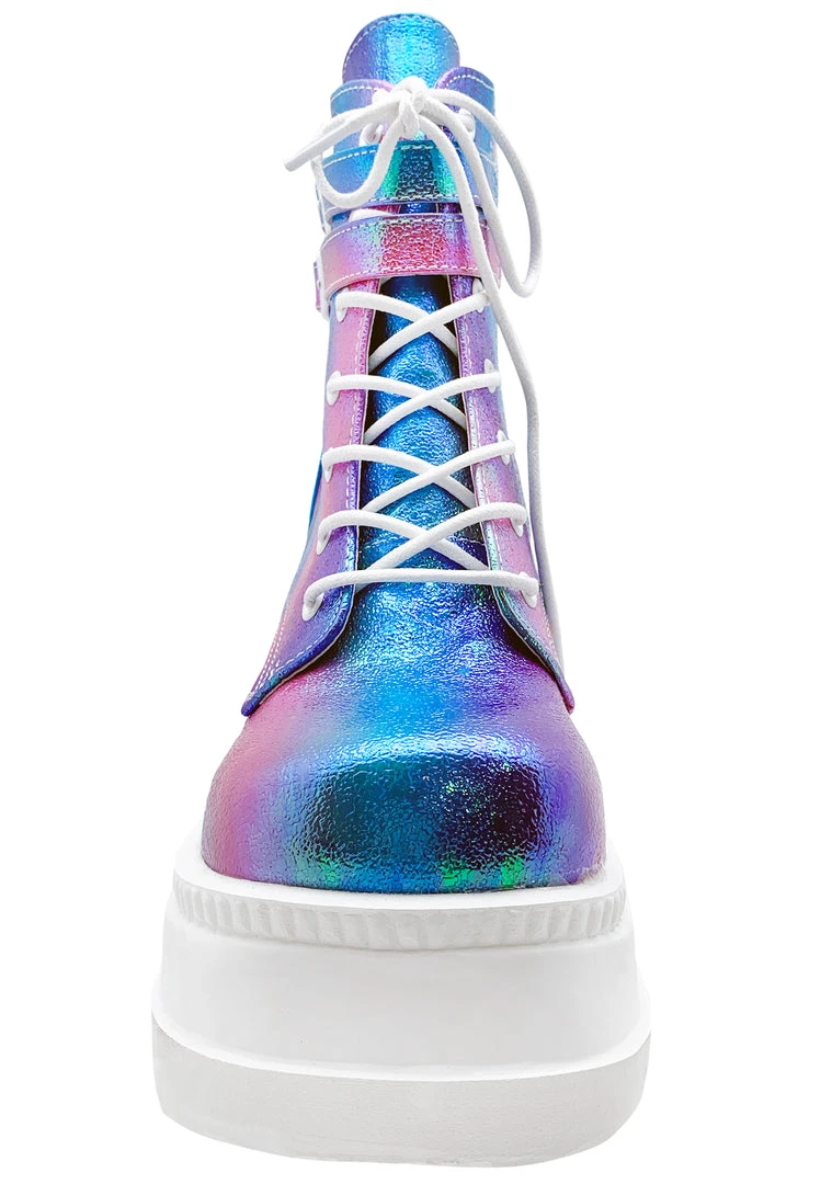 Demonia Shaker Metallic Iridescent Platform Boots In Pink Purple