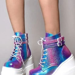 Demonia Shaker Metallic Iridescent Platform Boots In Pink Purple