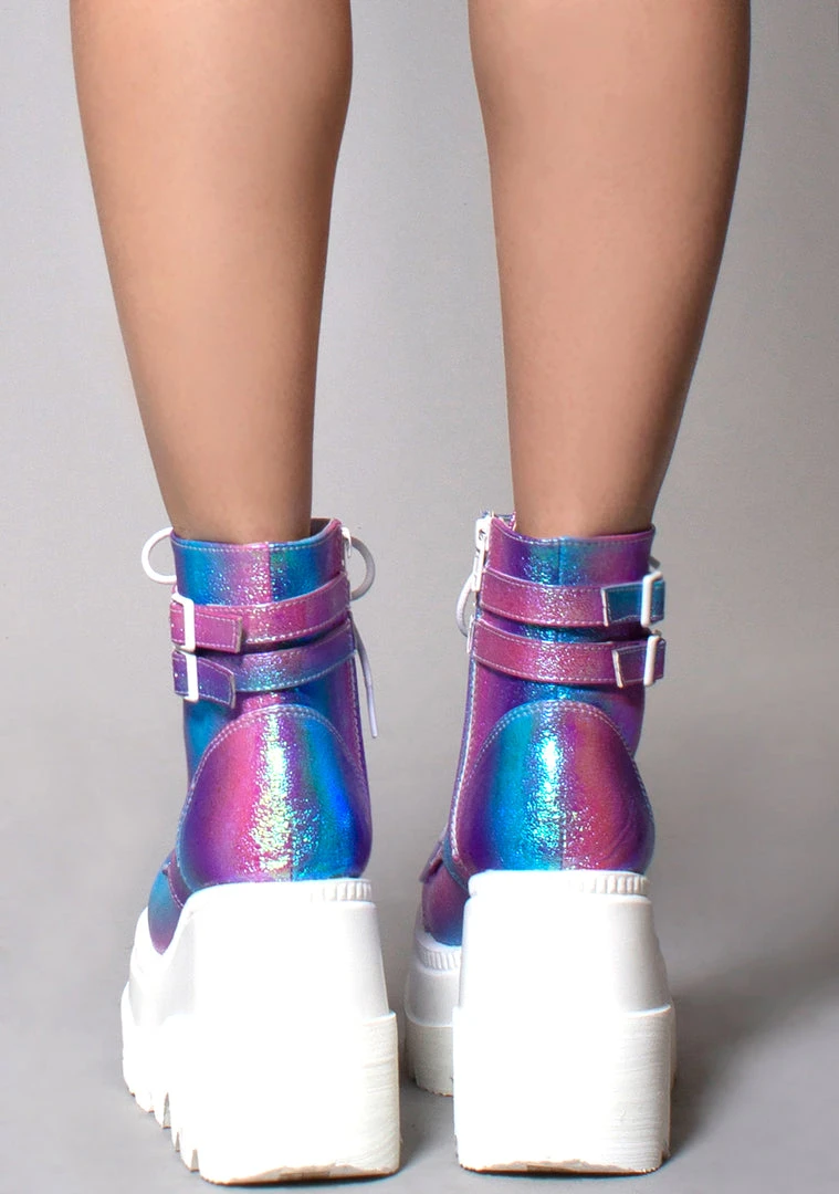 Demonia Shaker Metallic Iridescent Platform Boots In Pink Purple