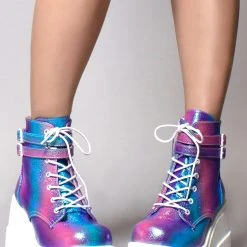 Demonia Shaker Metallic Iridescent Platform Boots In Pink Purple