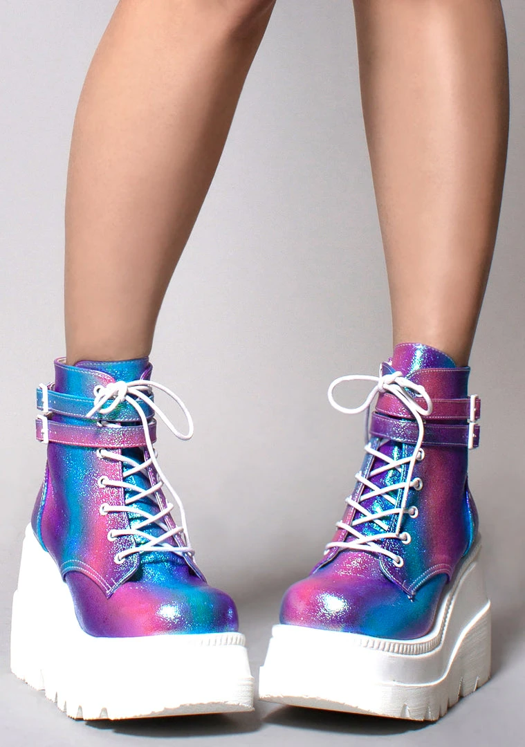 Demonia Shaker Metallic Iridescent Platform Boots In Pink Purple