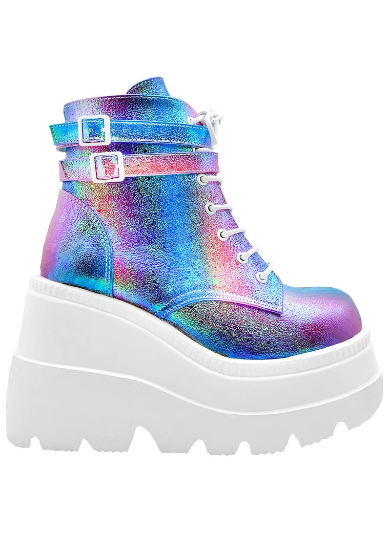 Demonia Shaker Metallic Iridescent Platform Boots In Pink Purple