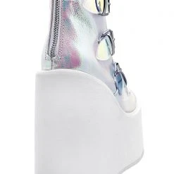 Demonia Swing Strapped Platform Boots In Iridescent Pearl