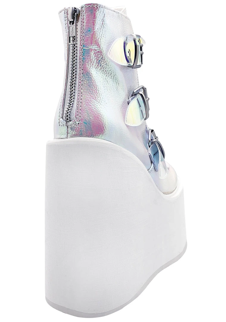 Demonia Swing Strapped Platform Boots In Iridescent Pearl