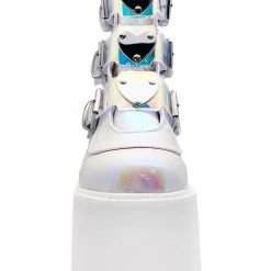 Demonia Swing Strapped Platform Boots In Iridescent Pearl