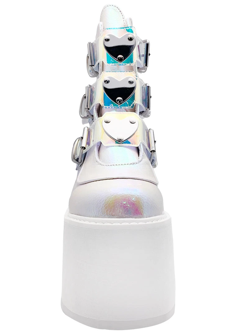 Demonia Swing Strapped Platform Boots In Iridescent Pearl