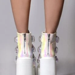 Demonia Swing Strapped Platform Boots In Iridescent Pearl