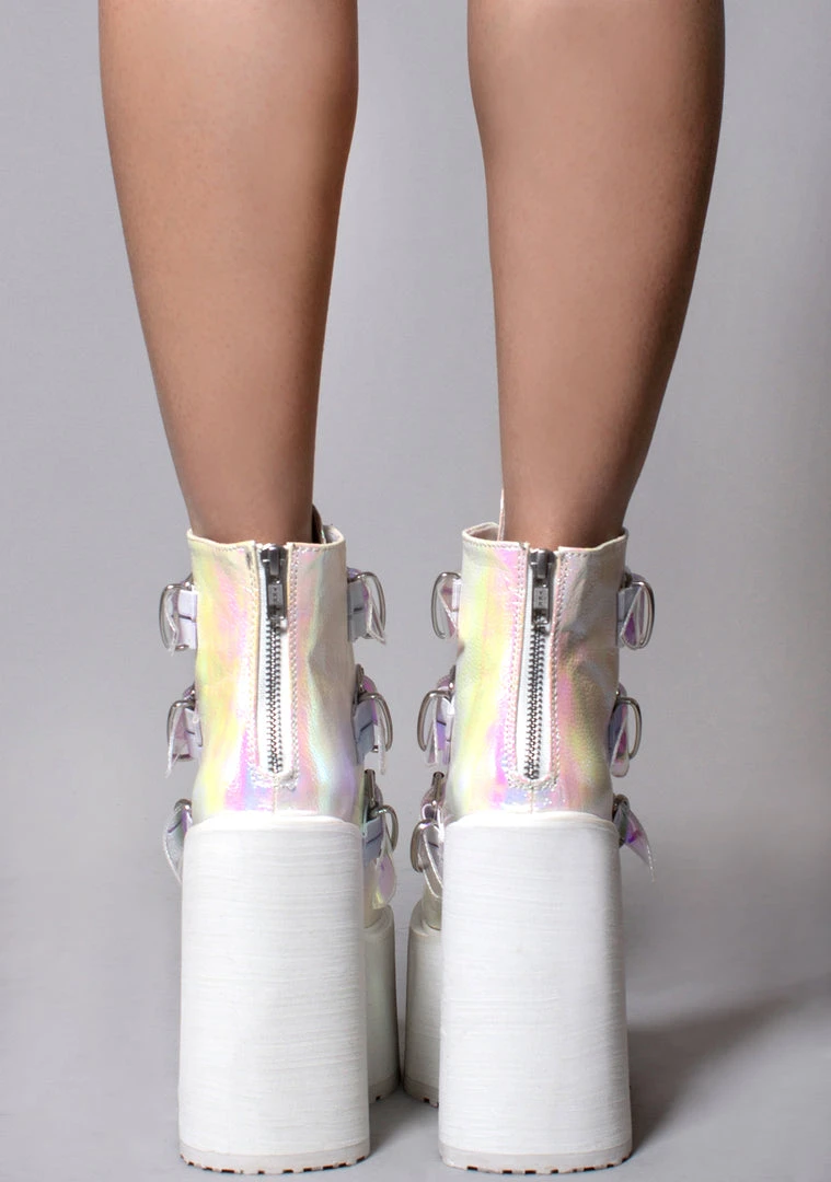 Demonia Swing Strapped Platform Boots In Iridescent Pearl