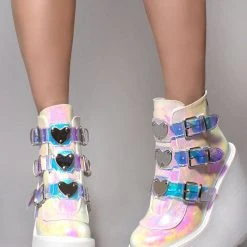 Demonia Swing Strapped Platform Boots In Iridescent Pearl