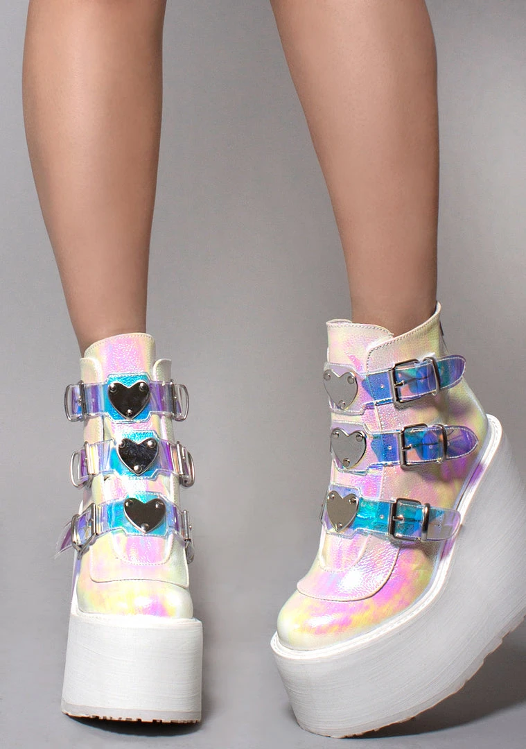 Demonia Swing Strapped Platform Boots In Iridescent Pearl