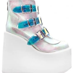 Demonia Swing Strapped Platform Boots In Iridescent Pearl