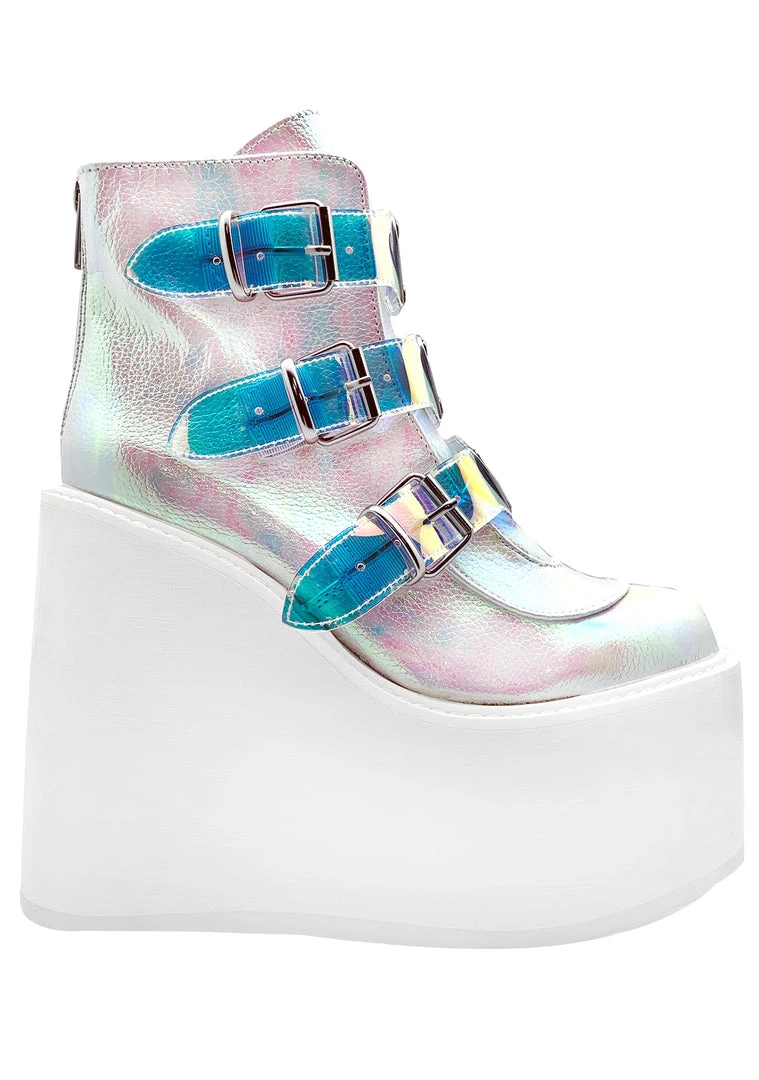 Demonia Swing Strapped Platform Boots In Iridescent Pearl