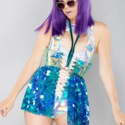 J Valentine LASR Exclusives X LASR Exclusive Blue Water Sequin Harness Short Gypsy Skirt