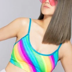 J Valentine Women's Festival Diagonal Rainbow Spaghetti Strap Crop Tank Top