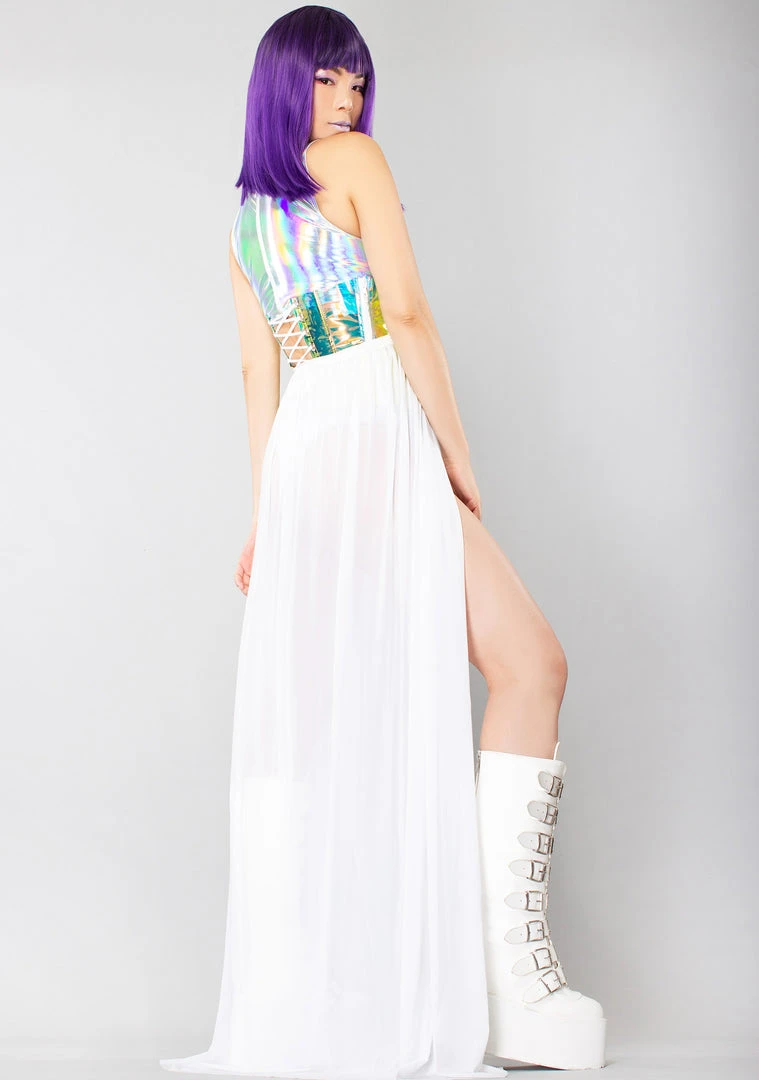 J Valentine Heavenly Shimmer Harness Skirt In White Iridescent