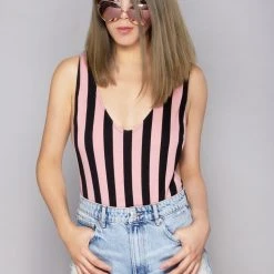 Motel Rocks Lalung Lycra Stripe Bodysuit In Pink/Black Women's Festival