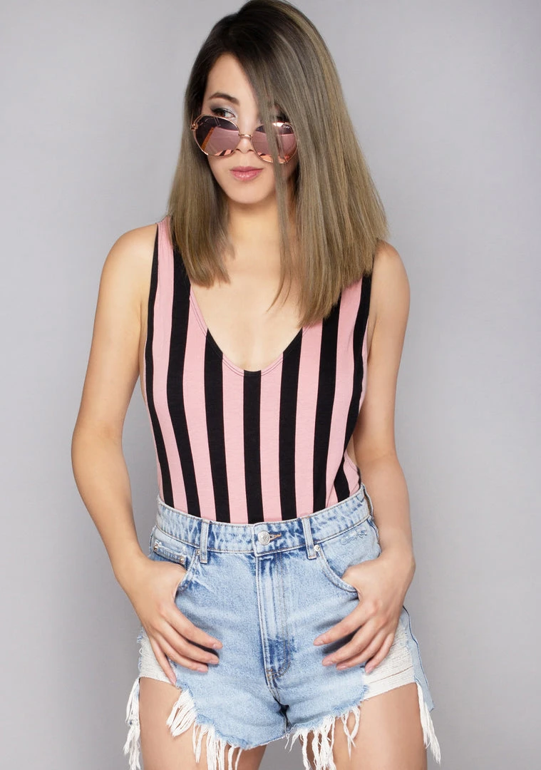 Motel Rocks Lalung Lycra Stripe Bodysuit In Pink/Black Women's Festival