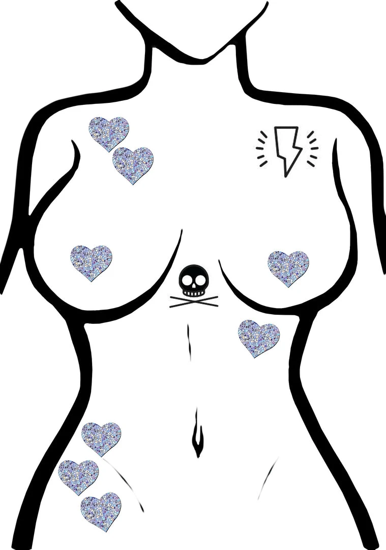 Pastease Body Minis Silver Glitter Heart Nipple & Body Pasties 8PK Set Accessories
