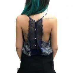 UNIQ Floral Lace Crop Tank Top In Navy Women's Festival