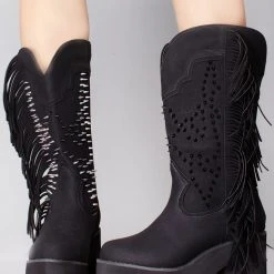 Y.R.U. World Tour Bad B Fringe Platform Boots In Black