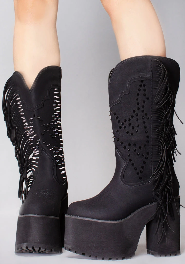 Y.R.U. World Tour Bad B Fringe Platform Boots In Black