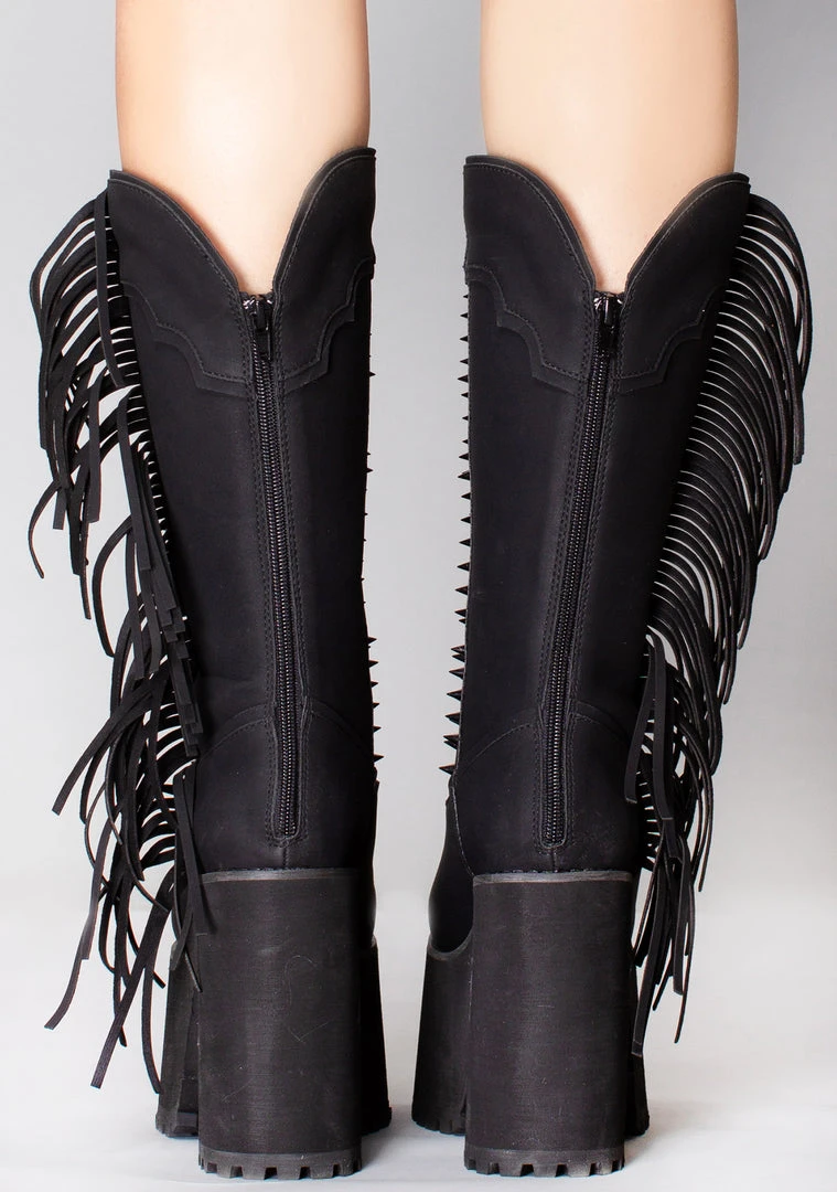 Y.R.U. World Tour Bad B Fringe Platform Boots In Black