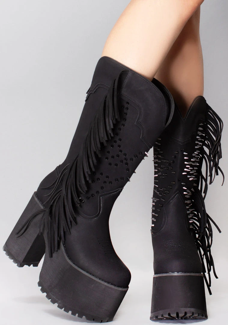 Y.R.U. World Tour Bad B Fringe Platform Boots In Black