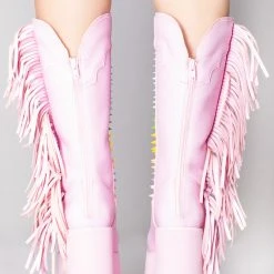 Y.R.U. World Tour Bad B Fringe Platform Boots In Pink Pastel