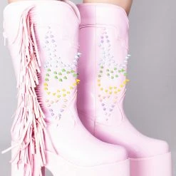 Y.R.U. World Tour Bad B Fringe Platform Boots In Pink Pastel