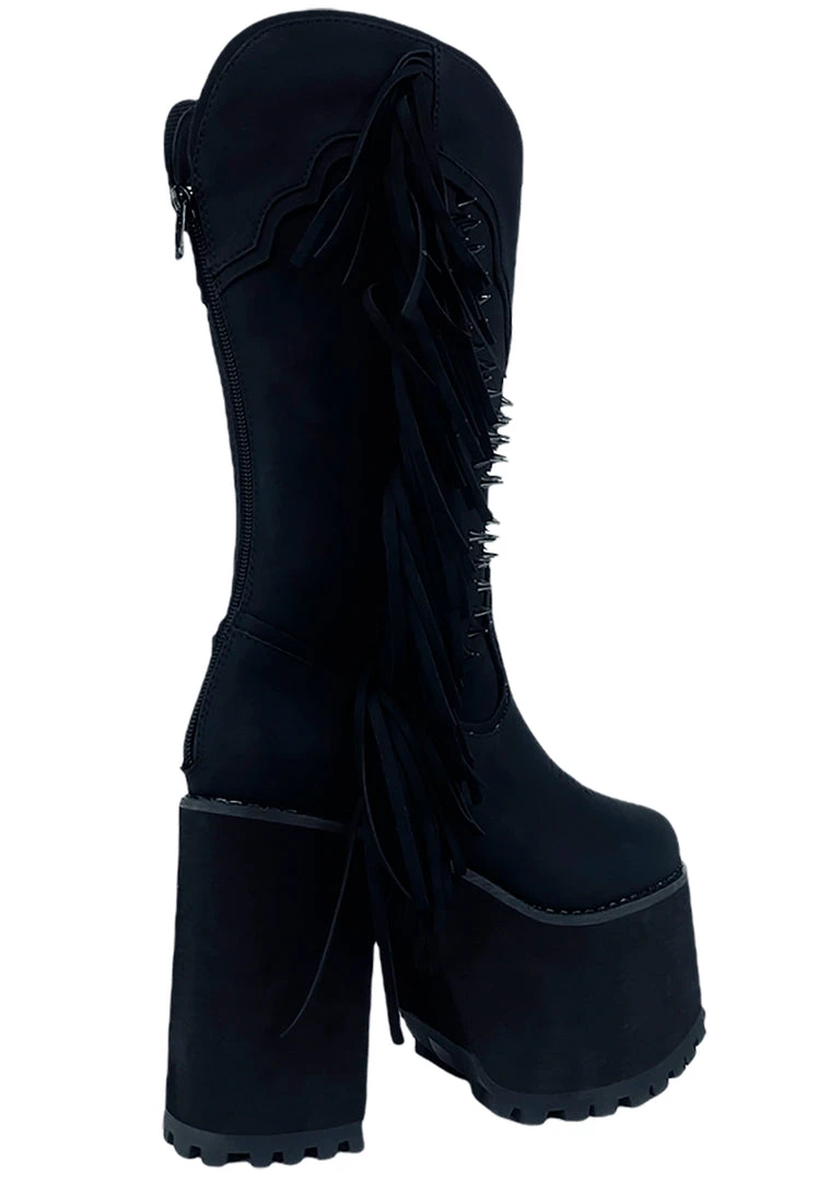 Y.R.U. World Tour Bad B Fringe Platform Boots In Black