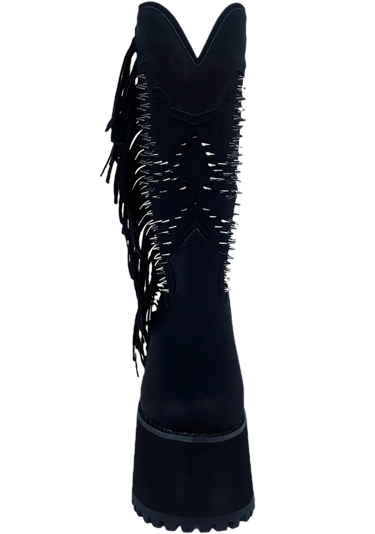 Y.R.U. World Tour Bad B Fringe Platform Boots In Black
