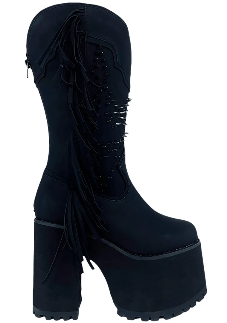 Y.R.U. World Tour Bad B Fringe Platform Boots In Black