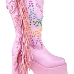 Y.R.U. World Tour Bad B Fringe Platform Boots In Pink Pastel