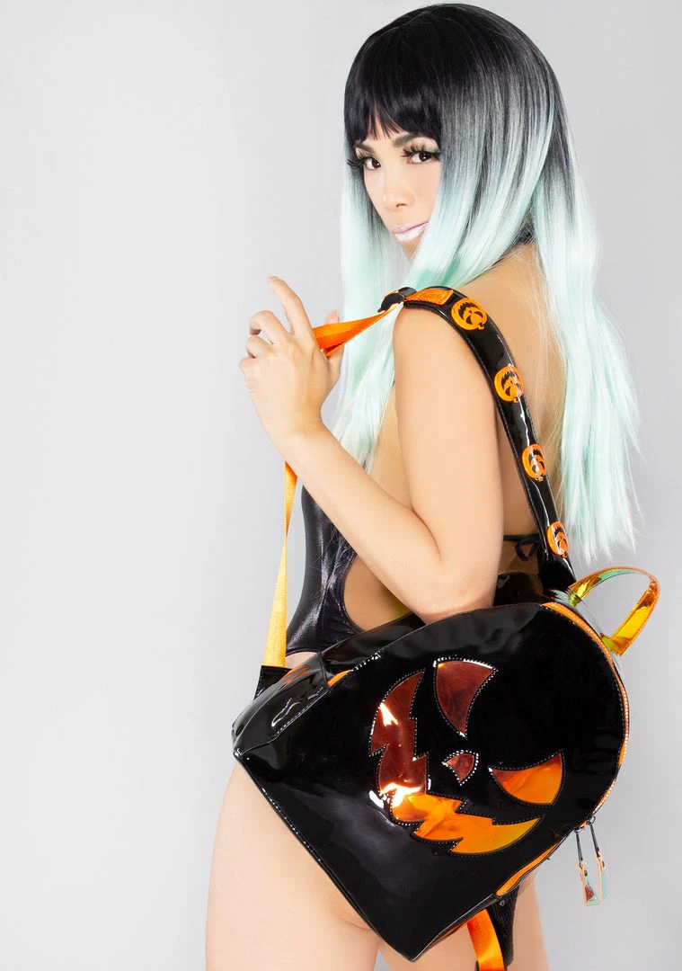 Y.R.U. Baqpaq Jackolantern Medium Backpack In Black Orange