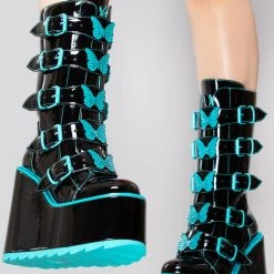 Y.R.U. Dune Butterfly Platform Boots In Black Teal