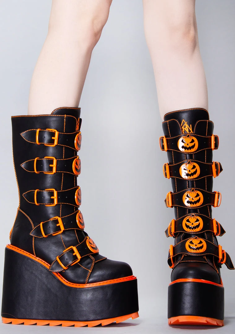 Y.R.U. Dune Jackolantern Platform Boots In Black Orange Shoes
