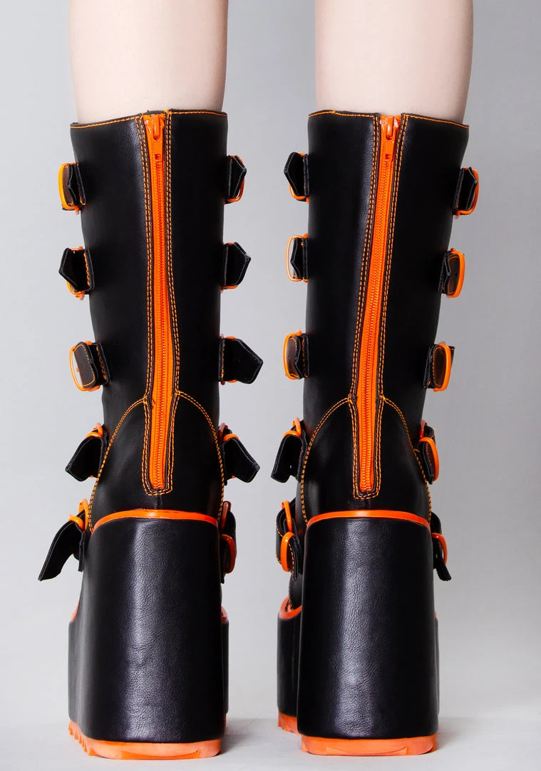 Y.R.U. Dune Jackolantern Platform Boots In Black Orange Shoes