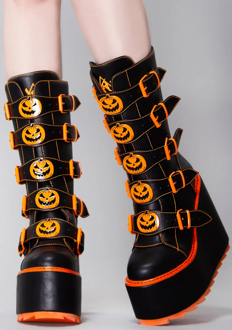 Y.R.U. Dune Jackolantern Platform Boots In Black Orange Shoes