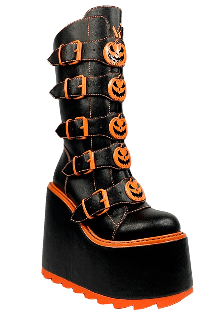 Y.R.U. Dune Jackolantern Platform Boots In Black Orange Shoes